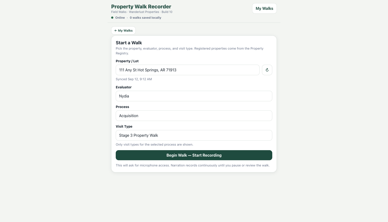 Start a Walk screen filled for a registered Stage 3 property walk