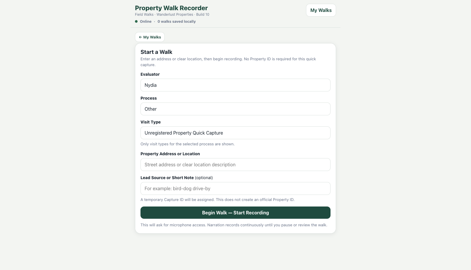 Start a Walk screen for an unregistered property quick capture