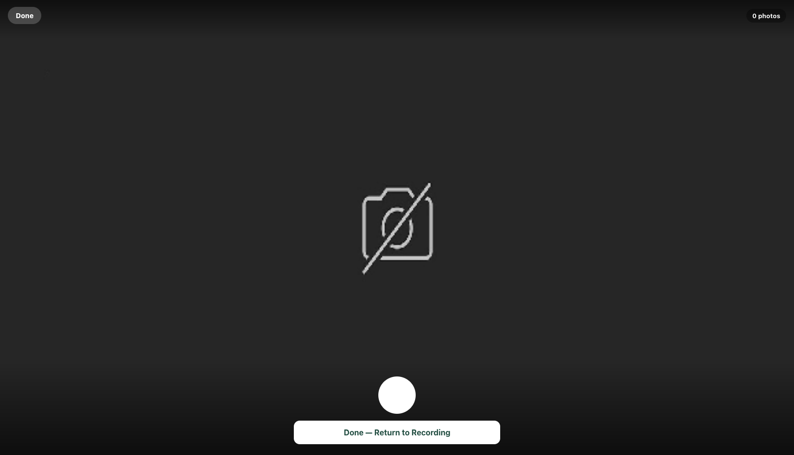 Property Walk Recorder camera screen with Done, photo count, shutter, and Return to Recording controls