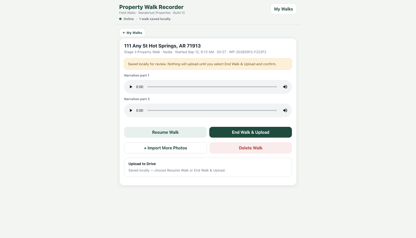 Review screen with narration segments, Resume Walk, End Walk and Upload, Import More Photos, and Delete Walk controls